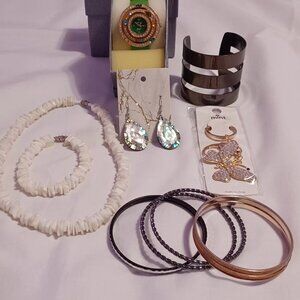 Jewelry Lot 6 Pieces Necklace Bracelet Set Watch Cuff Bracelet Earrings